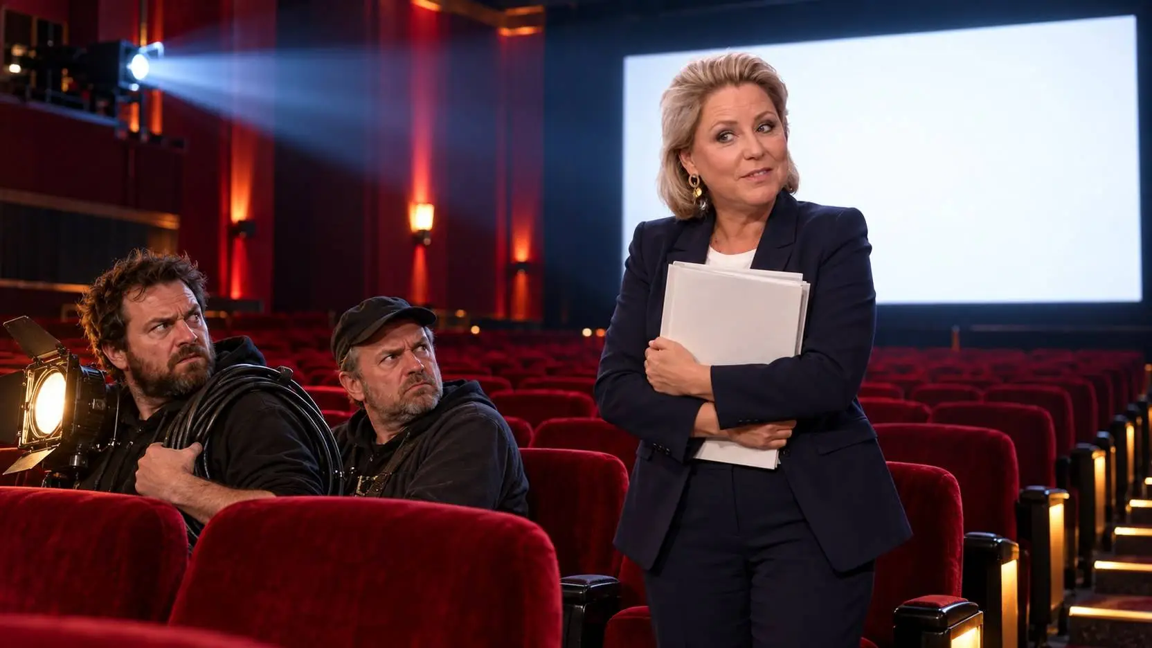 AI-illustratie van minister Rianne Letschert in donker mantelpak met een map in een lege bioscoopzaal, op de voorste rij kijken twee mannen in werkkleding boos