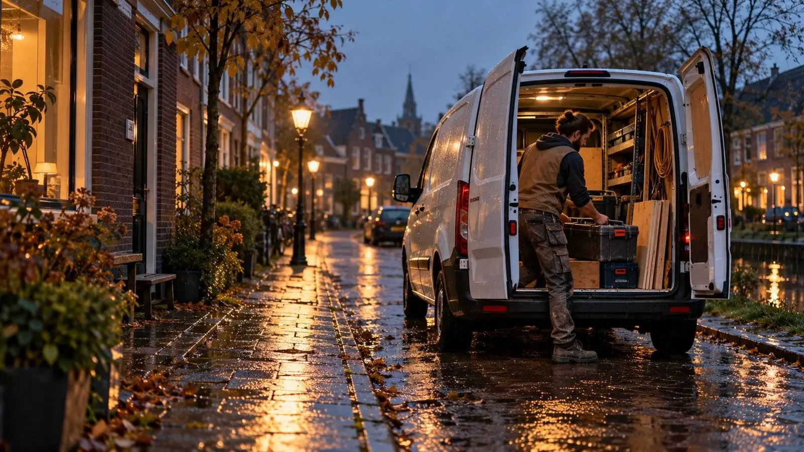 Zelfstandige timmerman laadt bij schemering gereedschap in een witte bus in een woonstraat