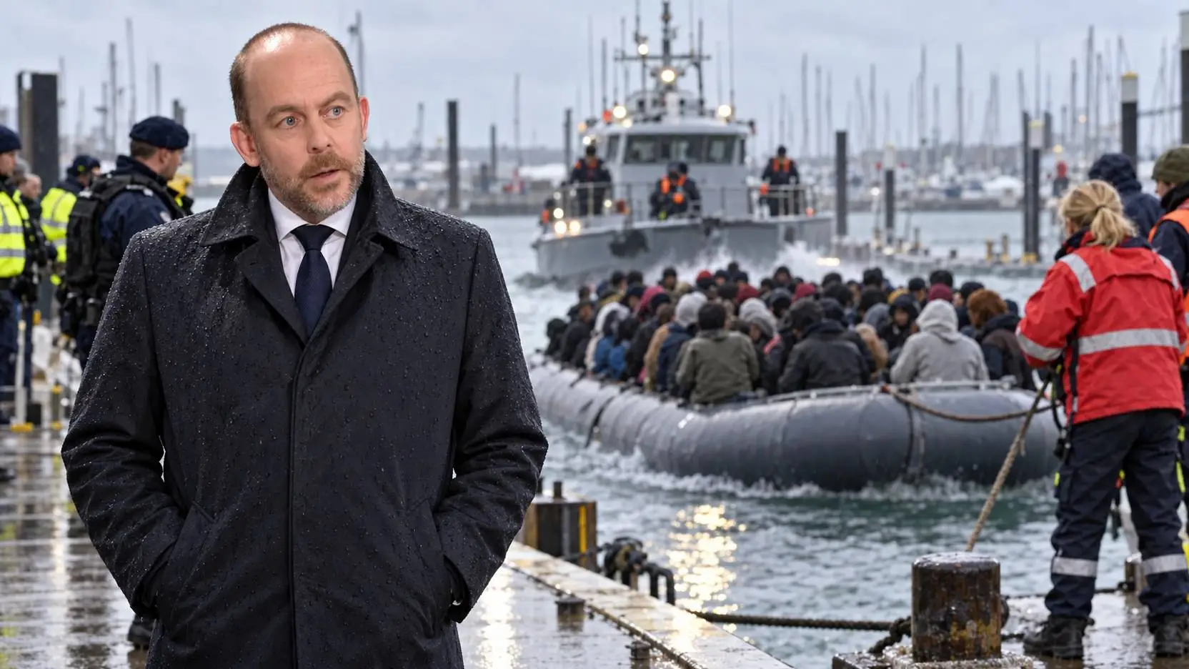 AI-illustratie van Bart van den Brink op een kade terwijl een overvolle rubberboot wordt binnengebracht, hulpverleners staan klaar