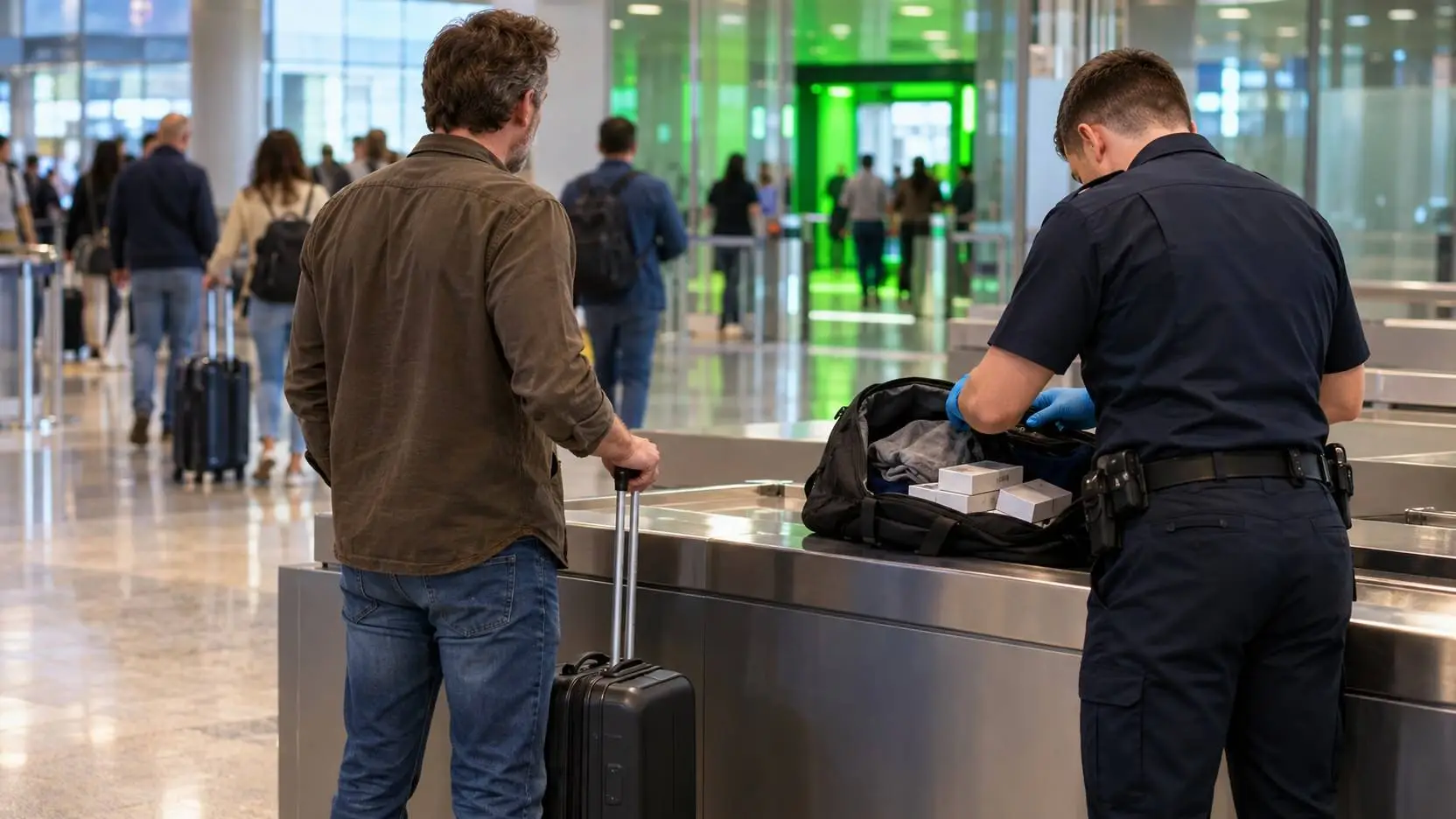 Douanebeambte controleert een geopende tas met sloffen sigaretten terwijl een reiziger met rolkoffer toekijkt