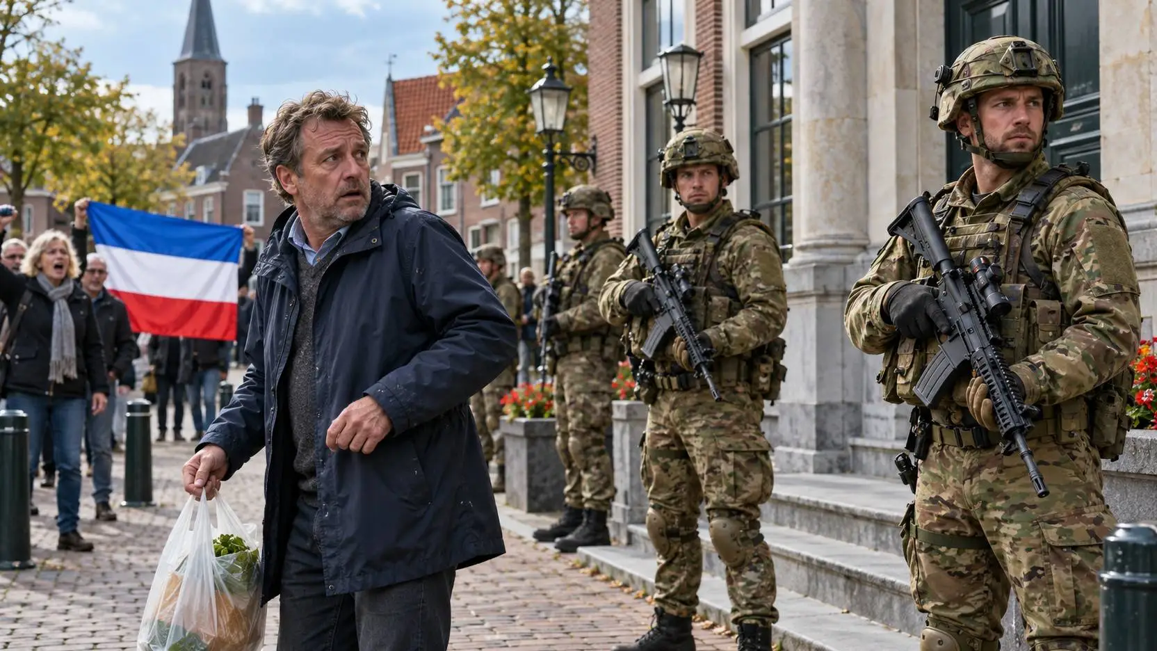 Man met boodschappentas kijkt naar militairen met geweren voor een gemeentehuis, achter hen demonstranten met omgekeerde vlag