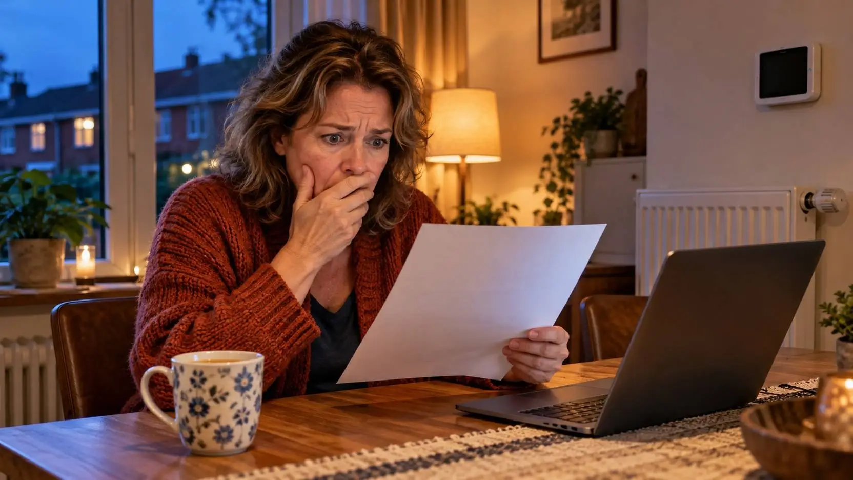 Vrouw aan de keukentafel kijkt geschrokken naar een energierekening, naast haar een laptop en een mok thee