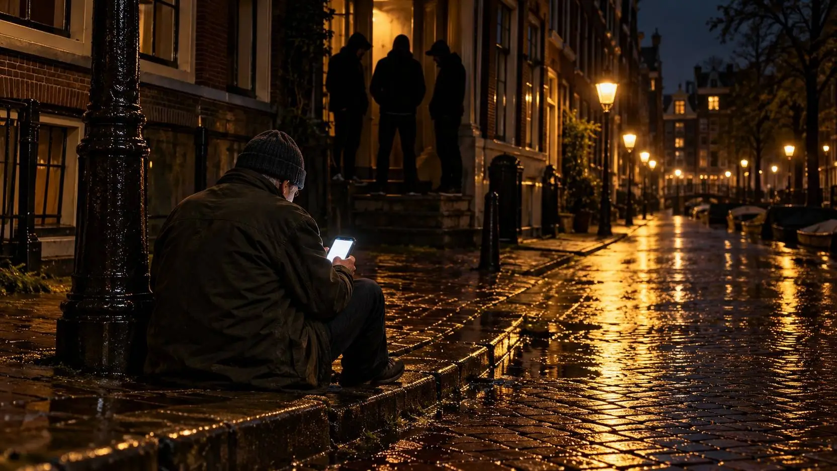 Oudere man zit 's nachts alleen op een stoep met een oplichtende telefoon, achter hem staan drie schimmen in een portiek