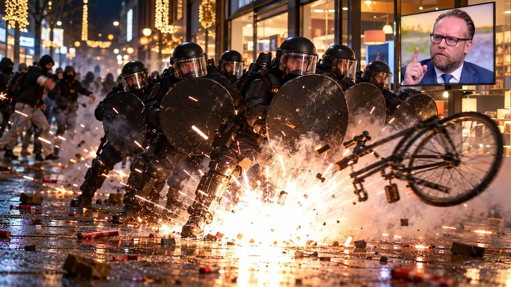 ME-agenten met schilden in een winkelcentrum bij een vuurwerkflits, op een scherm in de etalage preekt een man in pak