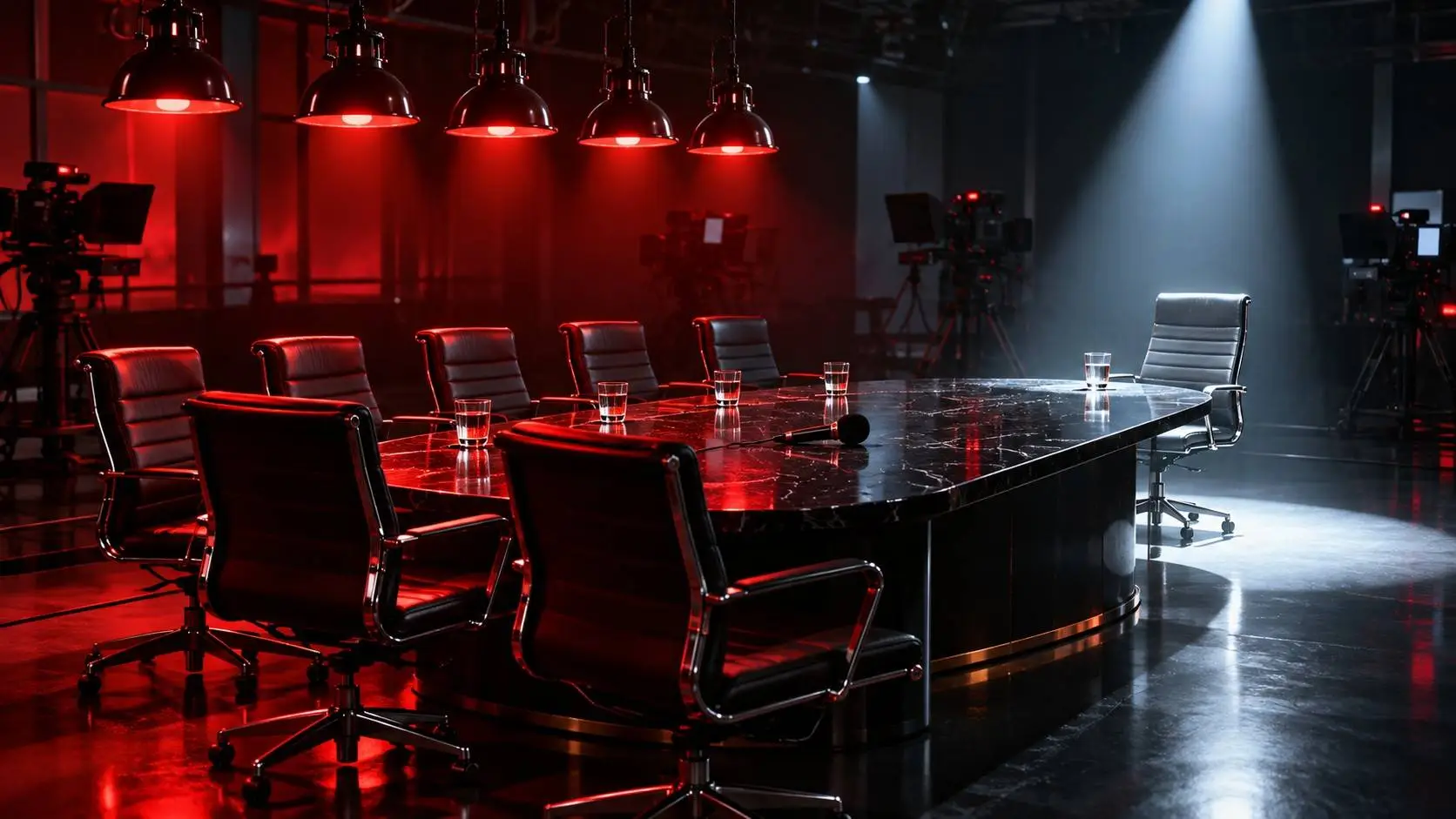 Lege talkshowtafel waarvan alle stoelen naar één stoel onder een schijnwerper zijn gedraaid: Renze en de tafel tegen Douwe Filz