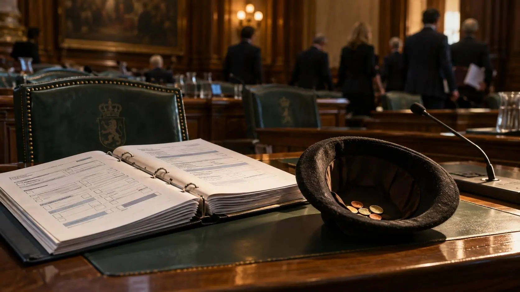 Omgekeerde hoed met munten op een spreekplek in een Haagse vergaderzaal: het kabinet bedelt om steun voor het Belastingplan 2027