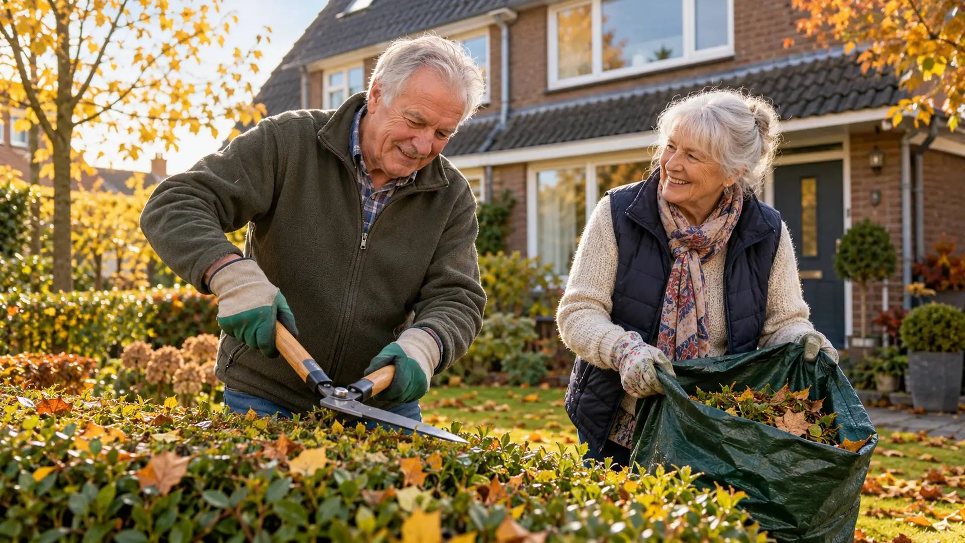 Ouder echtpaar snoeit de heg in de voortuin van hun huis