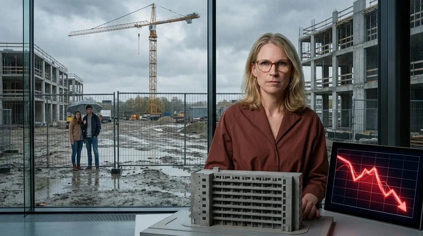 Minister Elanor Boekholt-O'Sullivan bij een flatmaquette en dalende grafiek, buiten een stille bouwplaats in de regen.