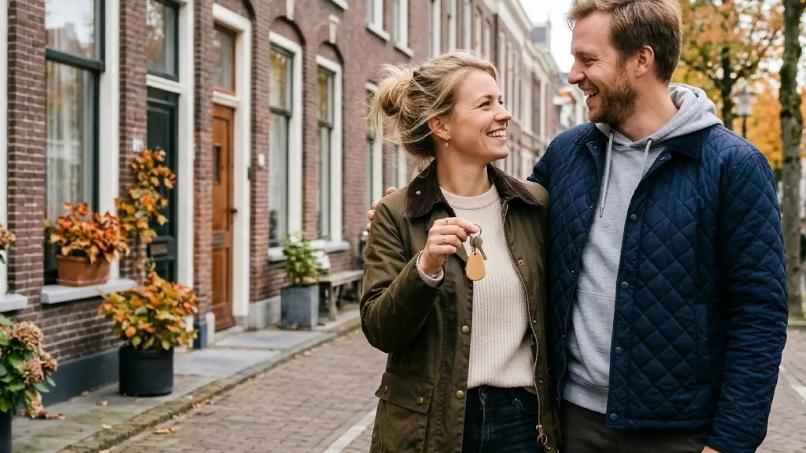 Jong stel met de sleutelbos van hun nieuwe koopwoning voor een rijtjeshuis in een Nederlandse wijk.
