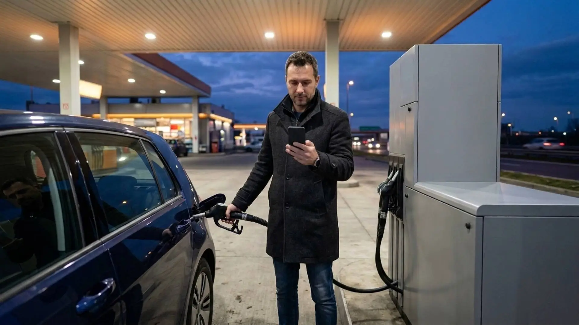 Man in een donkere winterjas tankt bij schemering onder de verlichte luifel van een tankstation en kijkt op zijn telefoon.