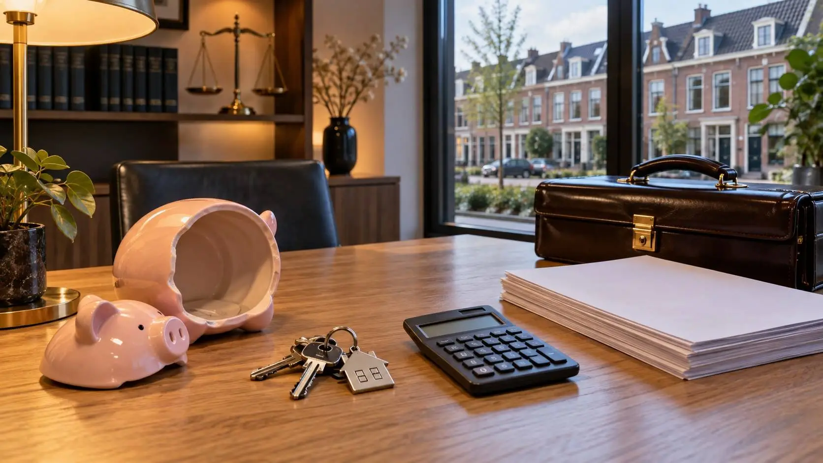 Sleutelbos, rekenmachine en een leeg spaarvarken op een notaristafel: Eerenberg verkent een uniforme overdrachtsbelasting die starters 11.200 euro kost