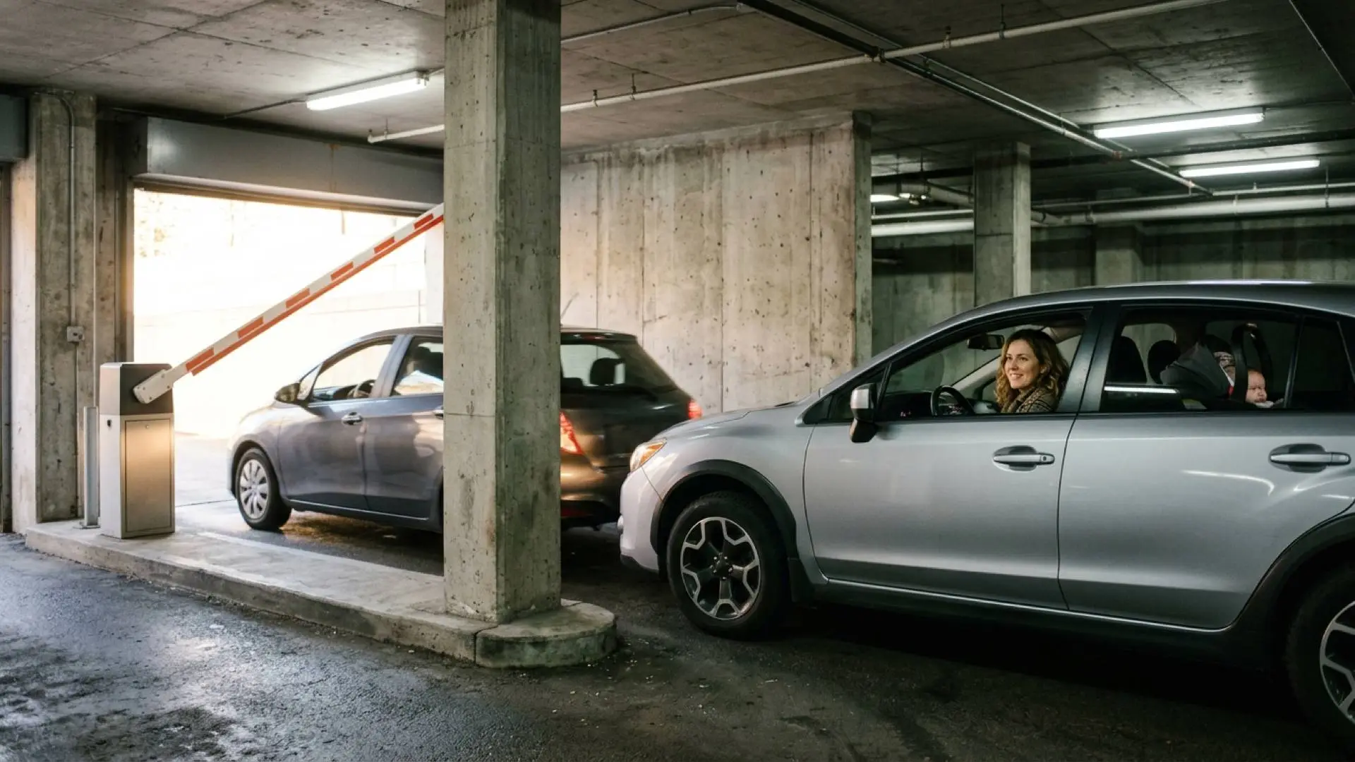 Twee grijze auto's rijden vlak achter elkaar onder de opengaande slagboom van een parkeergarage door richting de uitrit.