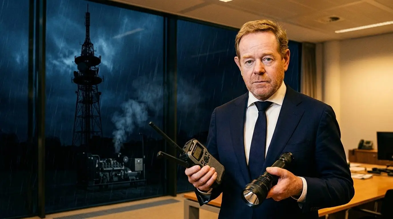 AI-illustratie: David van Weel met noodradio en zaklamp, buiten staat een zendmast in de storm met een rokend aggregaat