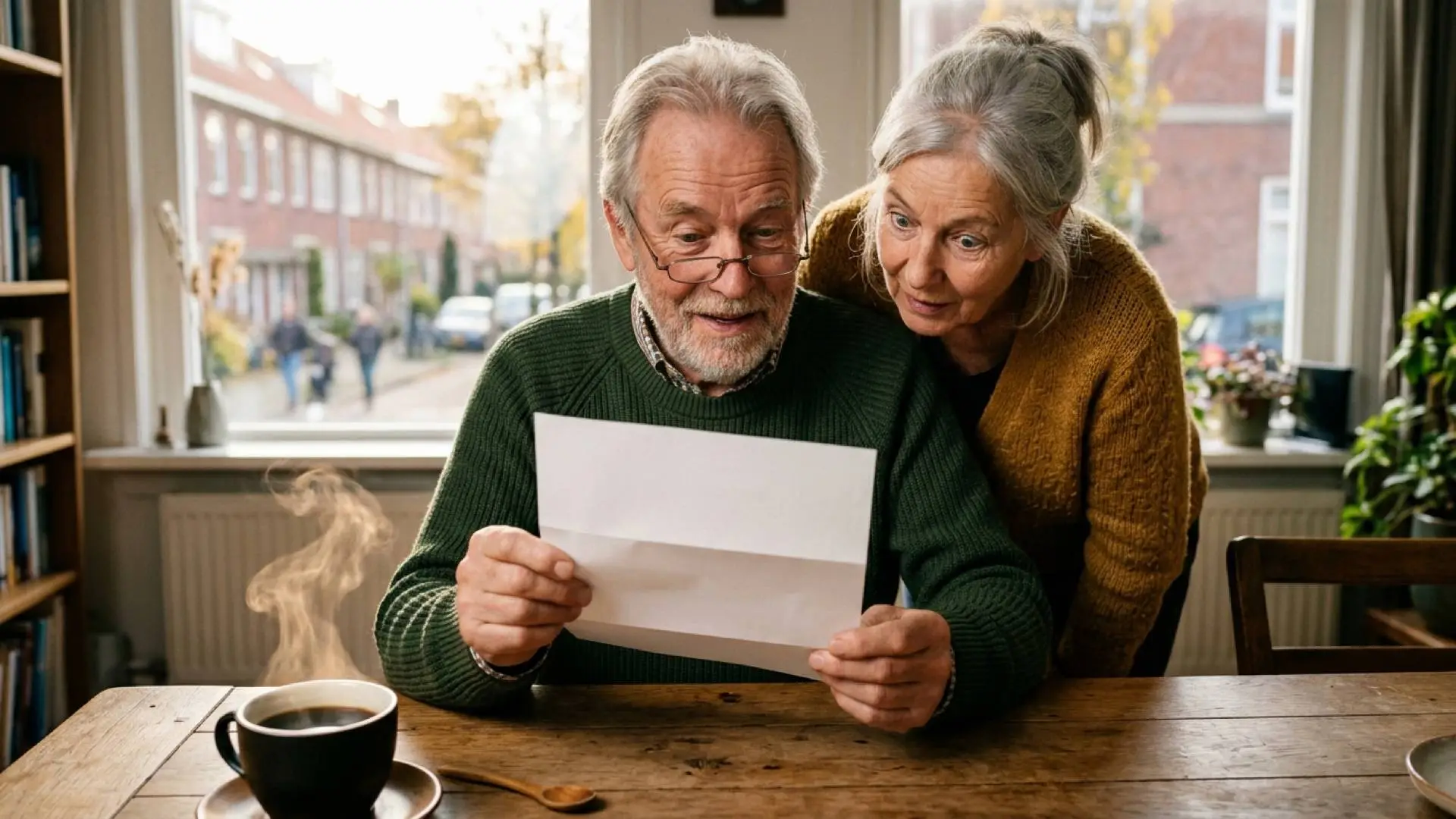 Oudere man kijkt met een kop dampende koffie op tafel verrast naar een opengevouwen brief terwijl zijn vrouw meekijkt.