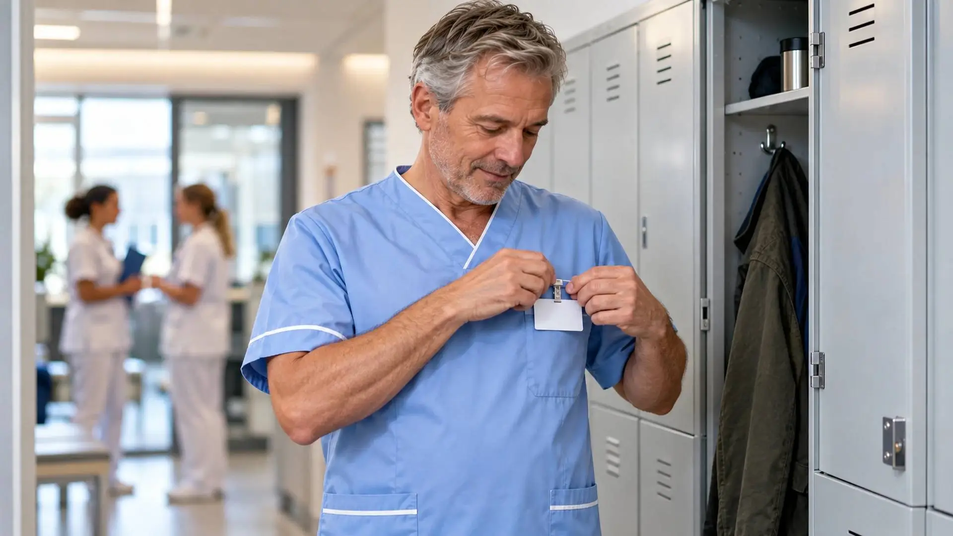 Verpleegkundige speldt op zijn eerste werkdag een naambadge op zijn uniform