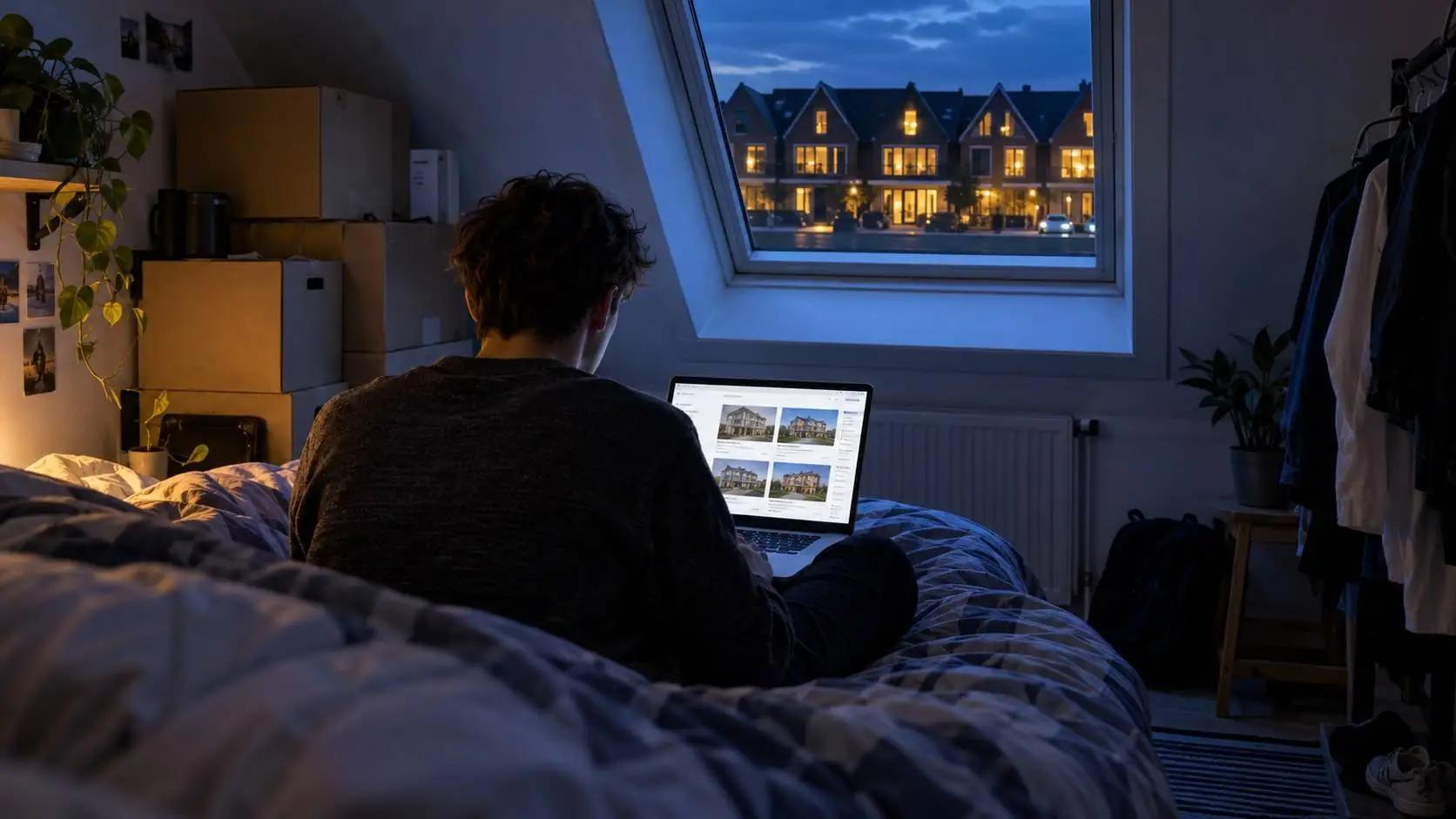 Jongere op een krappe zolderkamer met verhuisdozen en uitzicht op nieuwe huurwoningen: starters blijven bij hun ouders wonen