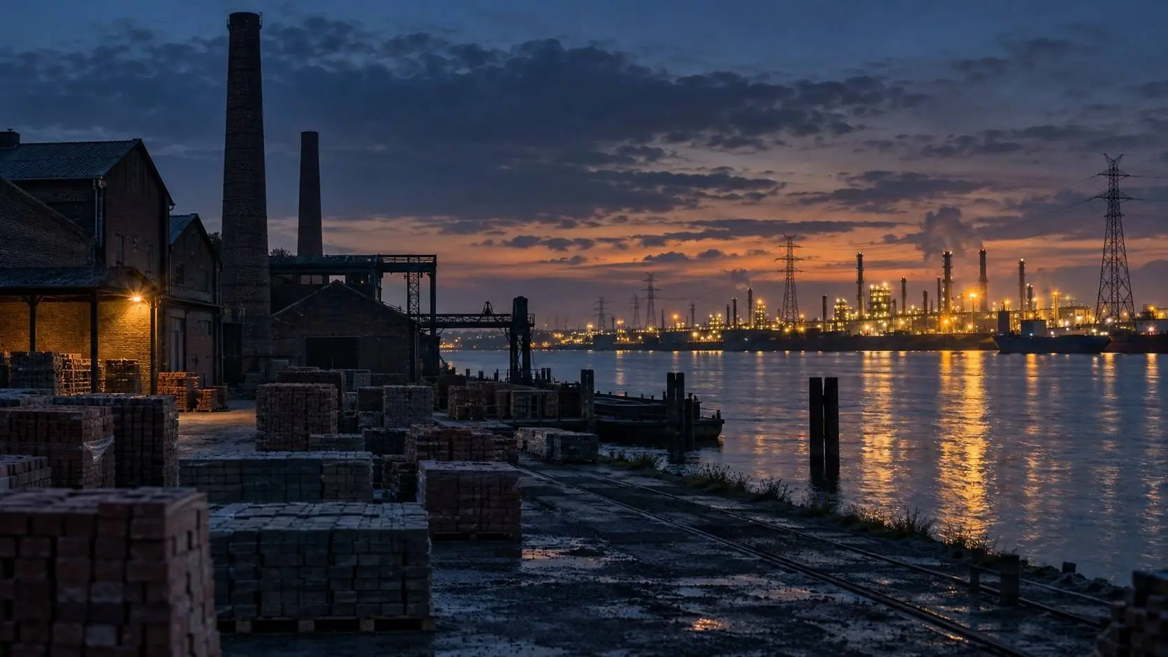 Donkere Nederlandse steenfabriek aan de rivier met verlichte fabrieken aan de Duitse overkant: netcongestie jaagt investeringen weg
