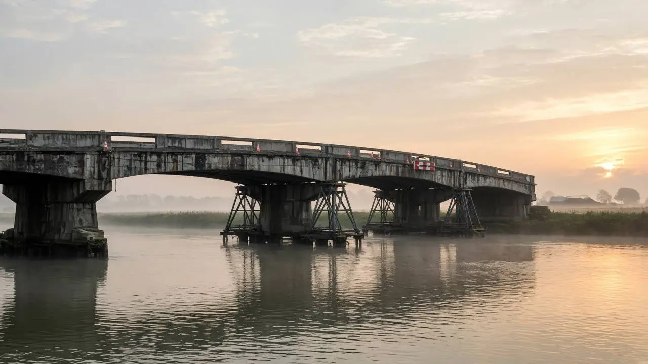 Oude betonnen brug over een rivier onder een grijze lucht: kabinet plakt een noodverband op de Nederlandse infrastructuur