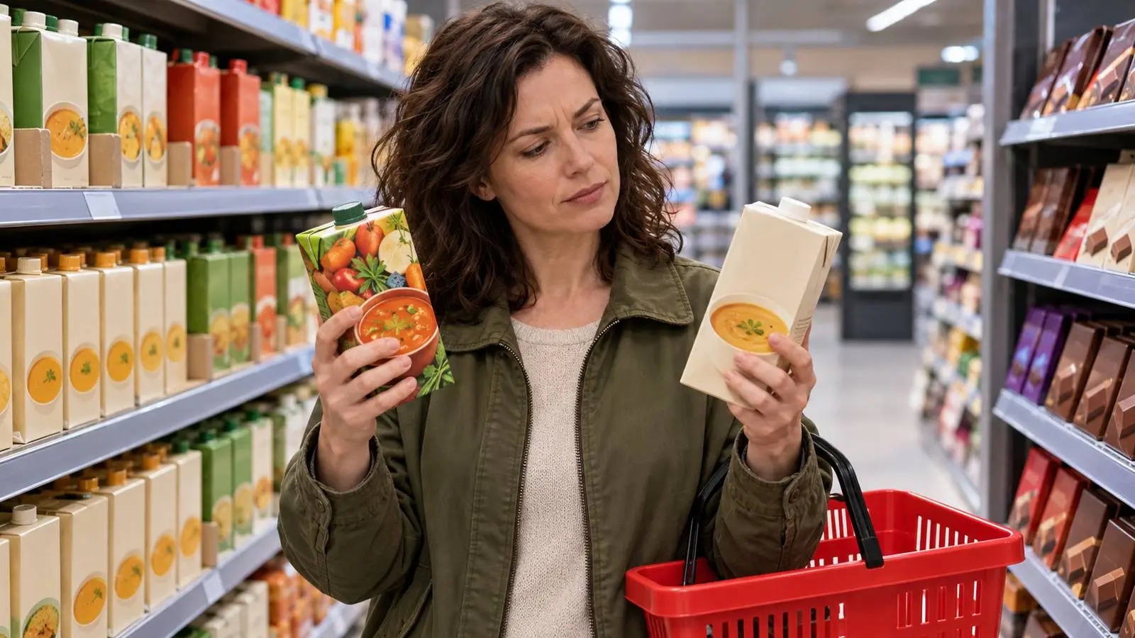 Vrouw in een supermarktgang vergelijkt een merkproduct met een goedkoper huismerkproduct, met een winkelmandje aan haar arm.