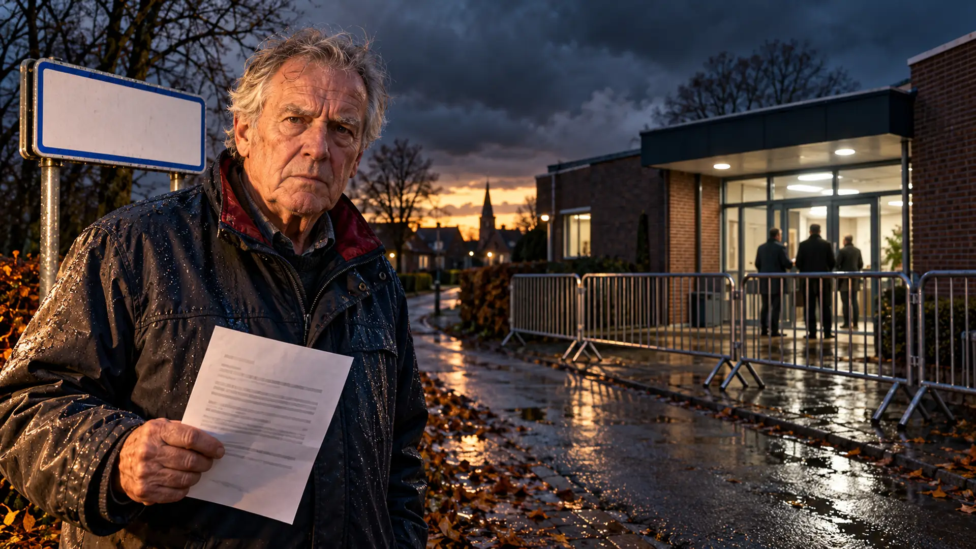 Oudere inwoner met een gemeentebrief op een natte dorpsweg, voor een dorpshuis waarvan de ingang met dranghekken is afgeschermd.