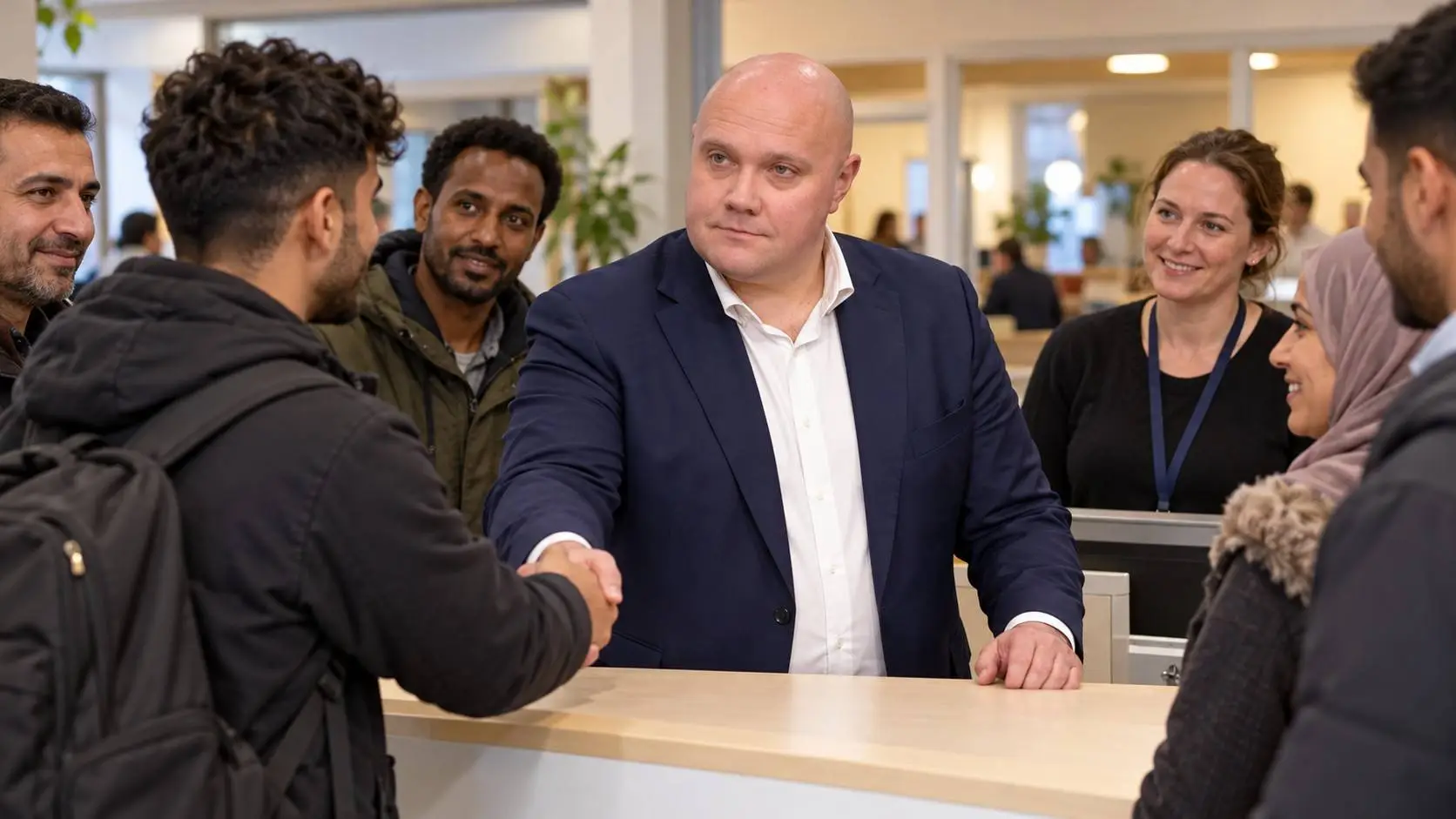 Thierry Aartsen schudt bij een balie in een azc de hand van een nieuwkomer, omringd door bewoners en een medewerker