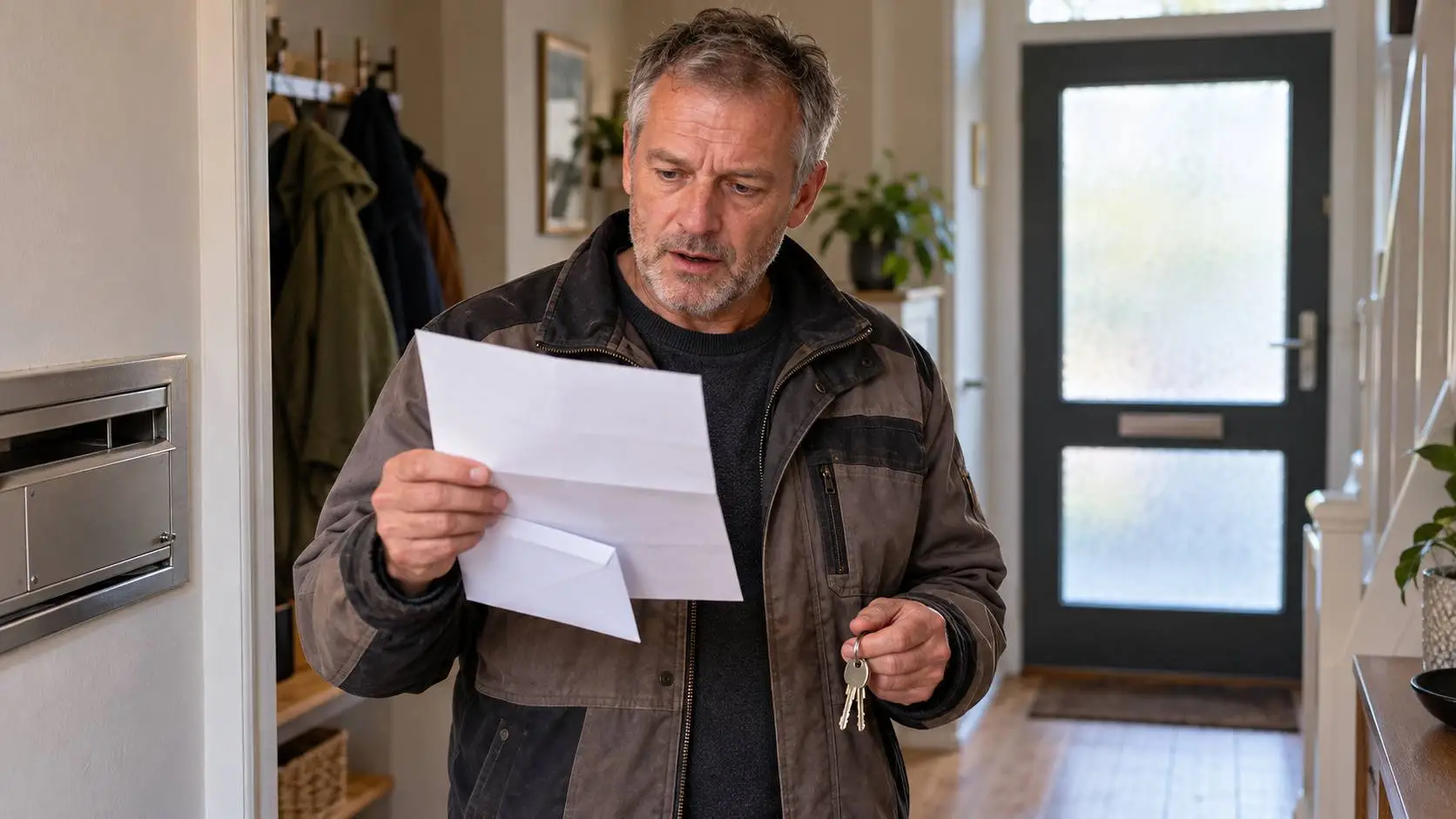 Een man van middelbare leeftijd in werkkleding leest in de hal van zijn huis een net geopende brief.