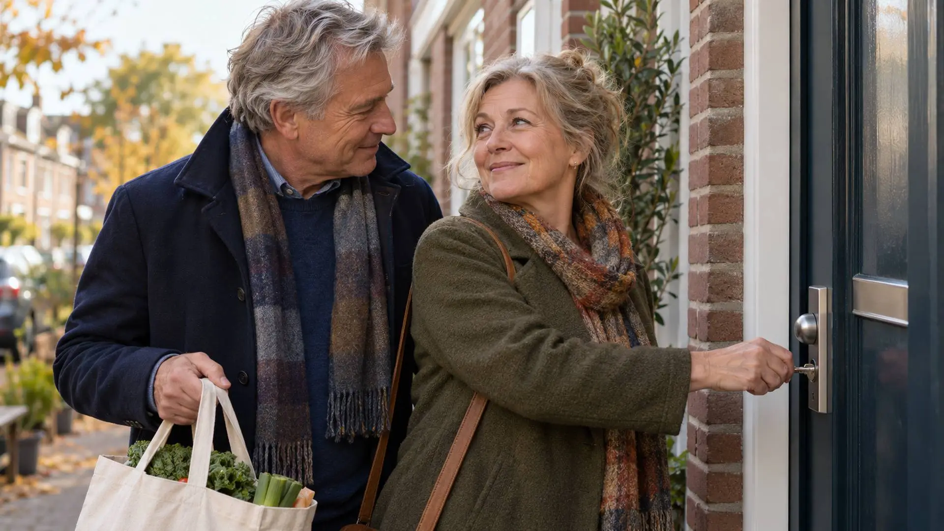 Een stel opent samen de voordeur van een rijtjeswoning.