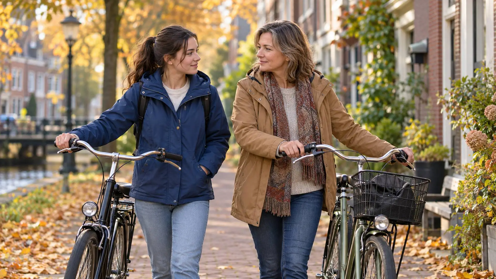 Illustratie van een jongvolwassen vrouw en haar moeder die met hun fietsen wandelen