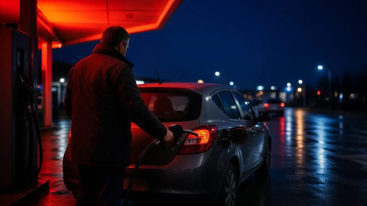 Man in winterjas tankt 's avonds een grijze auto onder een rood verlichte overkapping, met nat asfalt en straatlantaarns op de achtergrond.