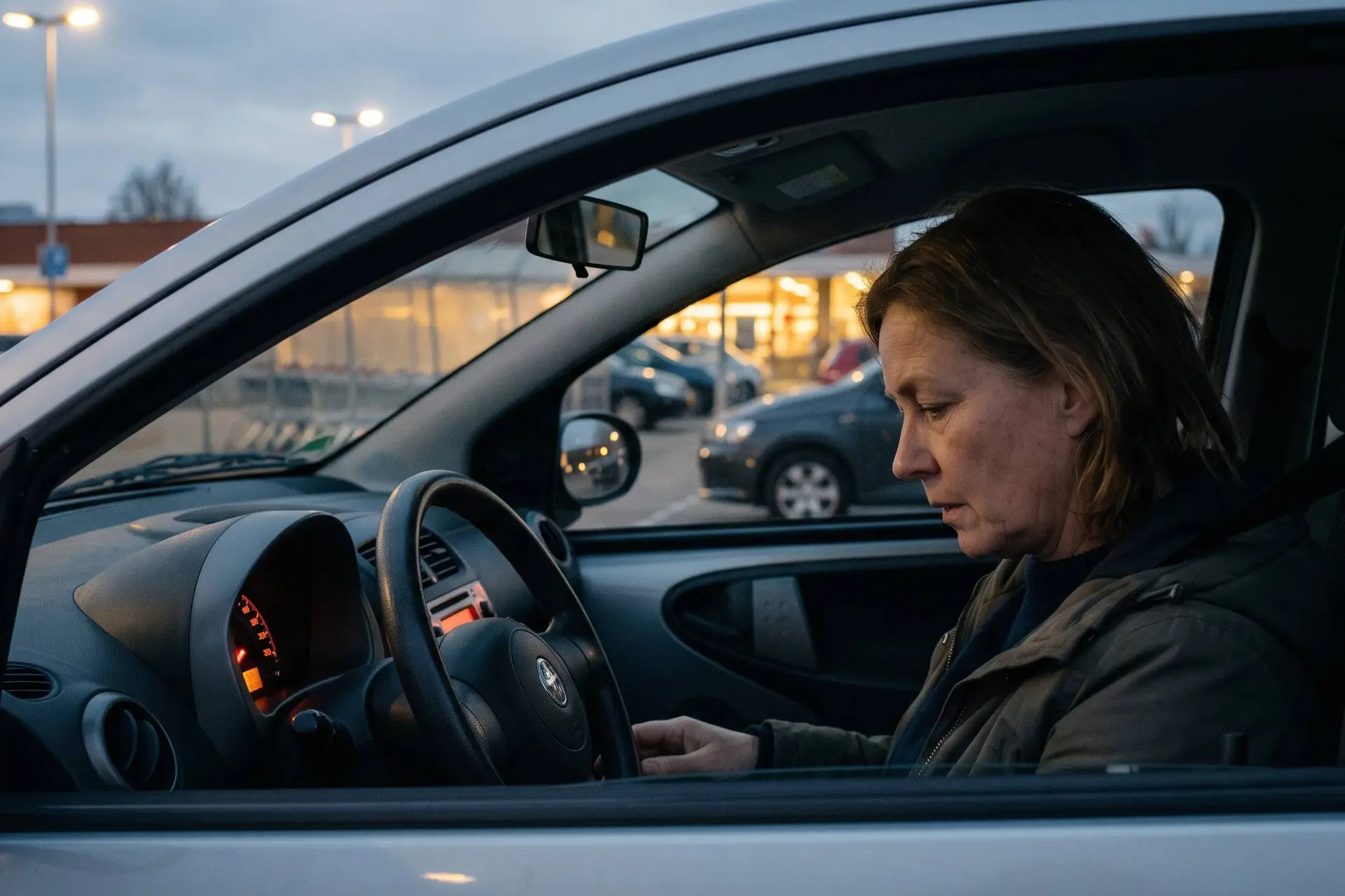 Vrouw kijkt in haar geparkeerde auto bezorgd naar het dashboard met de brandstofmeter