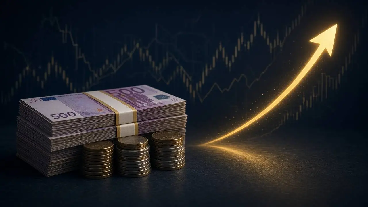 Eurobiljetten en munten naast een gouden pijl omhoog op een donkere achtergrond met beursgrafiek, als metafoor voor geld terug via tegenbewijs box 3.