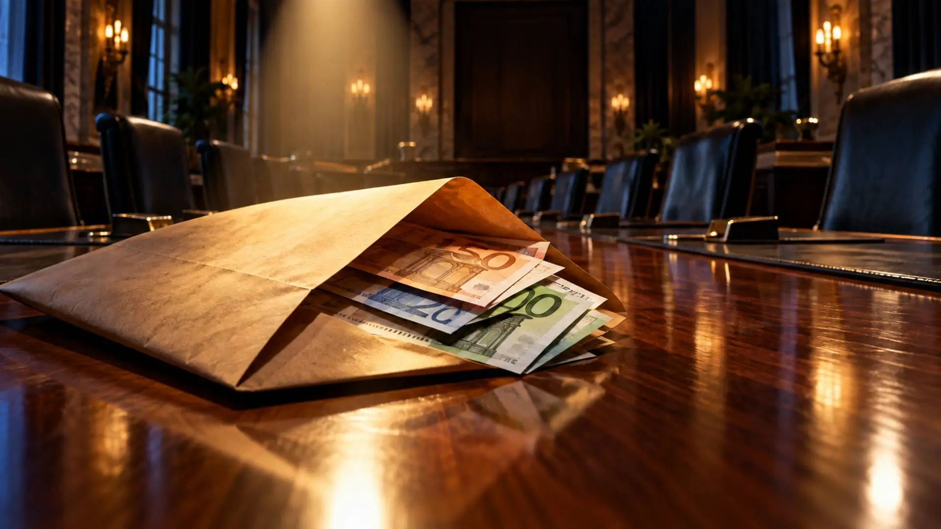 Open envelop met eurobiljetten op een glanzende vergadertafel in een statige zaal met lege leren stoelen