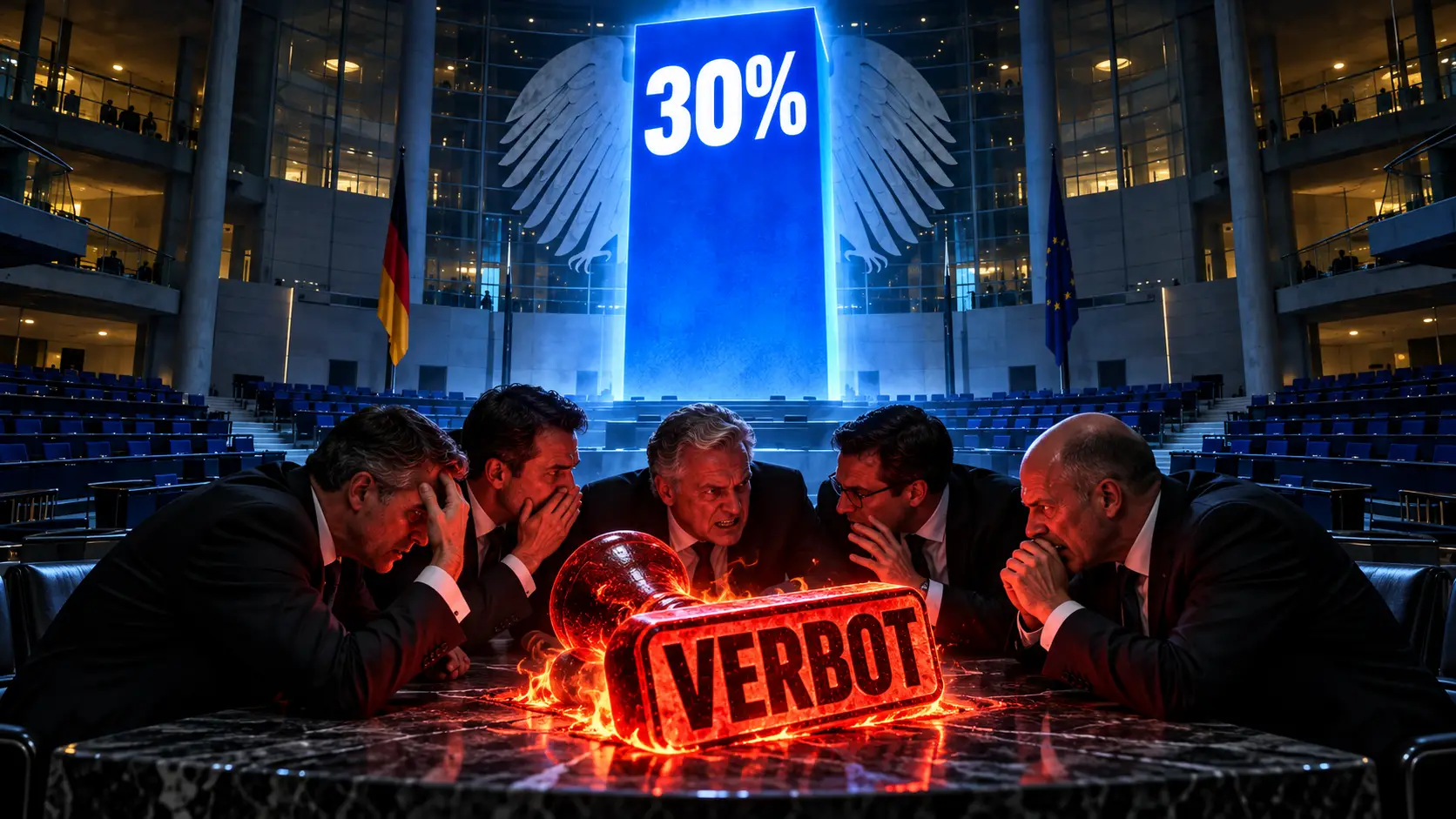 Symbolische illustratie van gespannen politici rond een brandende ‘VERBOT’-stempel in de Bondsdag, onder een reusachtige blauwe kolom met ‘30%’.
