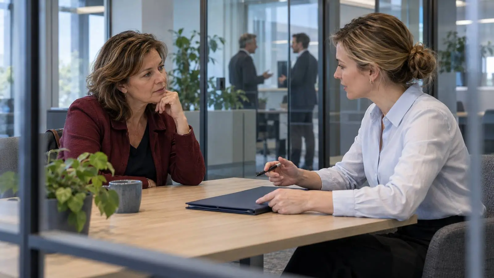 Vrouw bespreekt een map met een financieel adviseur, met twee zakenmensen achter een glazen wand op de achtergrond.