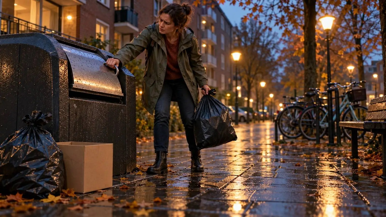Vrouw met een vuilniszak probeert de klep van een afvalcontainer in een woonstraat te openen.