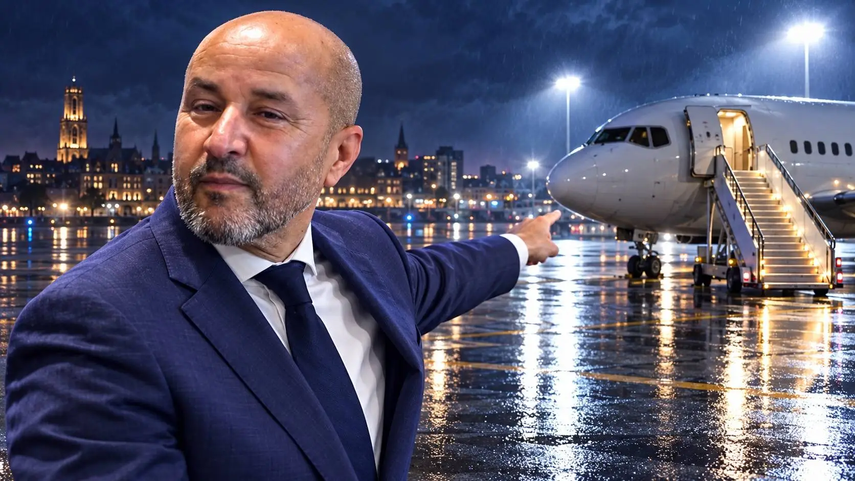 AI-illustratie van Ahmed Marcouch die op een nat vliegveldplatform naar een passagiersvliegtuig met een lege vliegtuigtrap wijst.