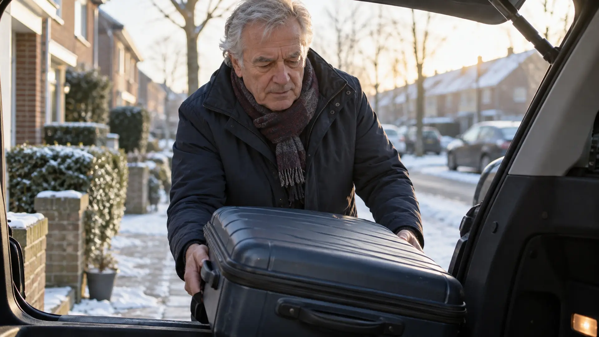 Oudere man tilt op een winterochtend een koffer in de kofferbak van zijn auto voor zijn huis