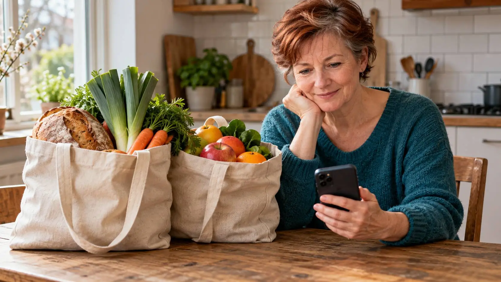 Vrouw bekijkt haar telefoon aan de keukentafel, naast twee volle boodschappentassen met brood, groente en fruit.