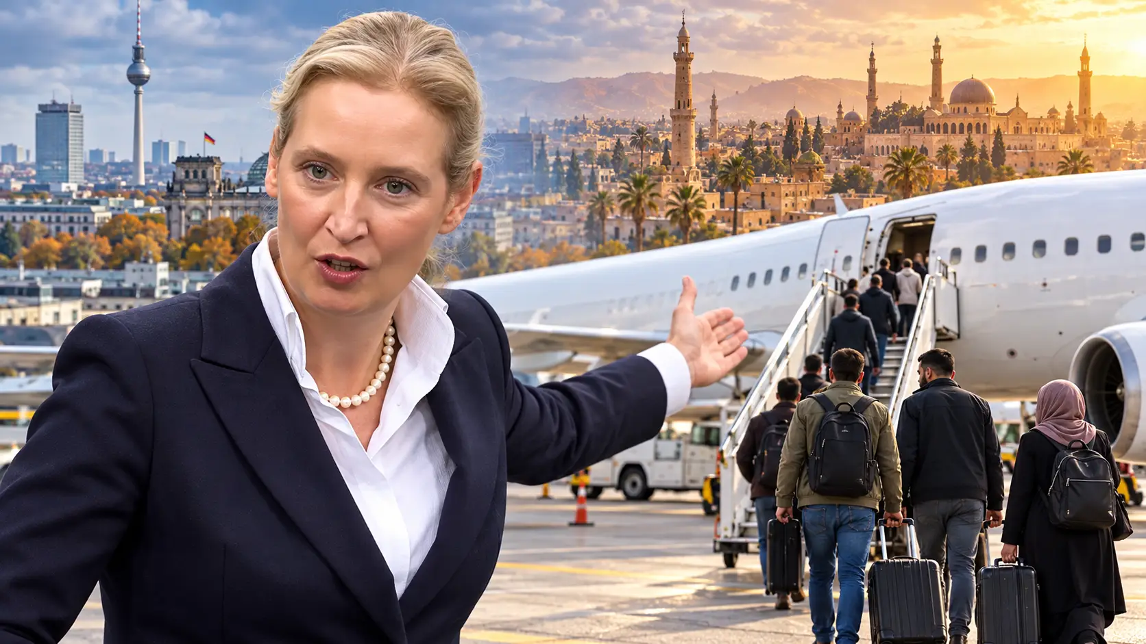 Politieke illustratie van Alice Weidel bij een vliegtuig met vertrekkende reizigers, met Berlijn en Damascus op de achtergrond.