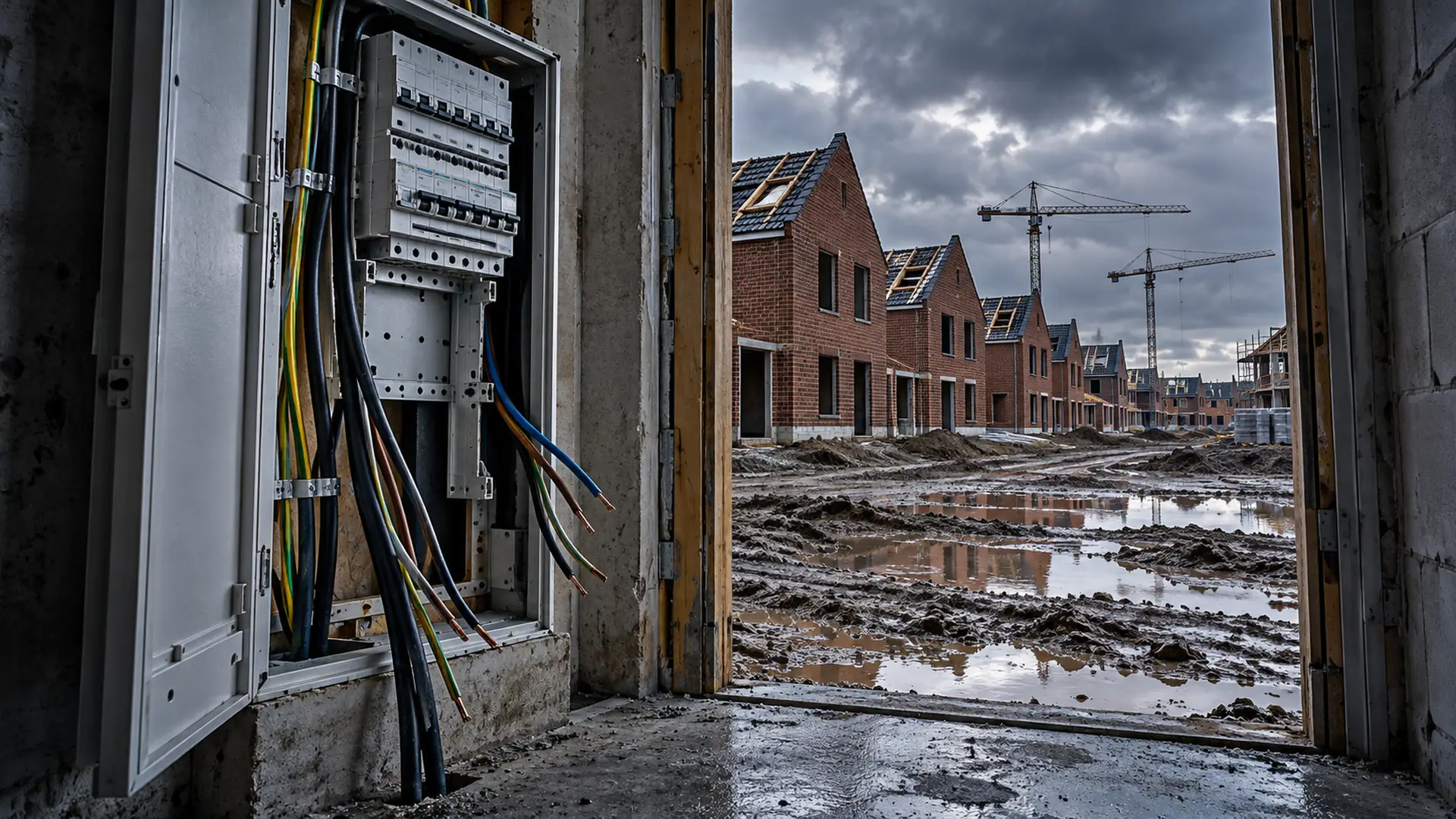 Een open meterkast met niet-aangesloten kabels in een nieuwbouwwijk in aanbouw.
