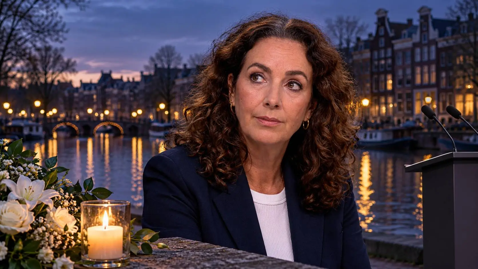 Symbolische illustratie van Femke Halsema aan de Amstel, met witte bloemen, een brandende kaars en een leeg spreekgestoelte.