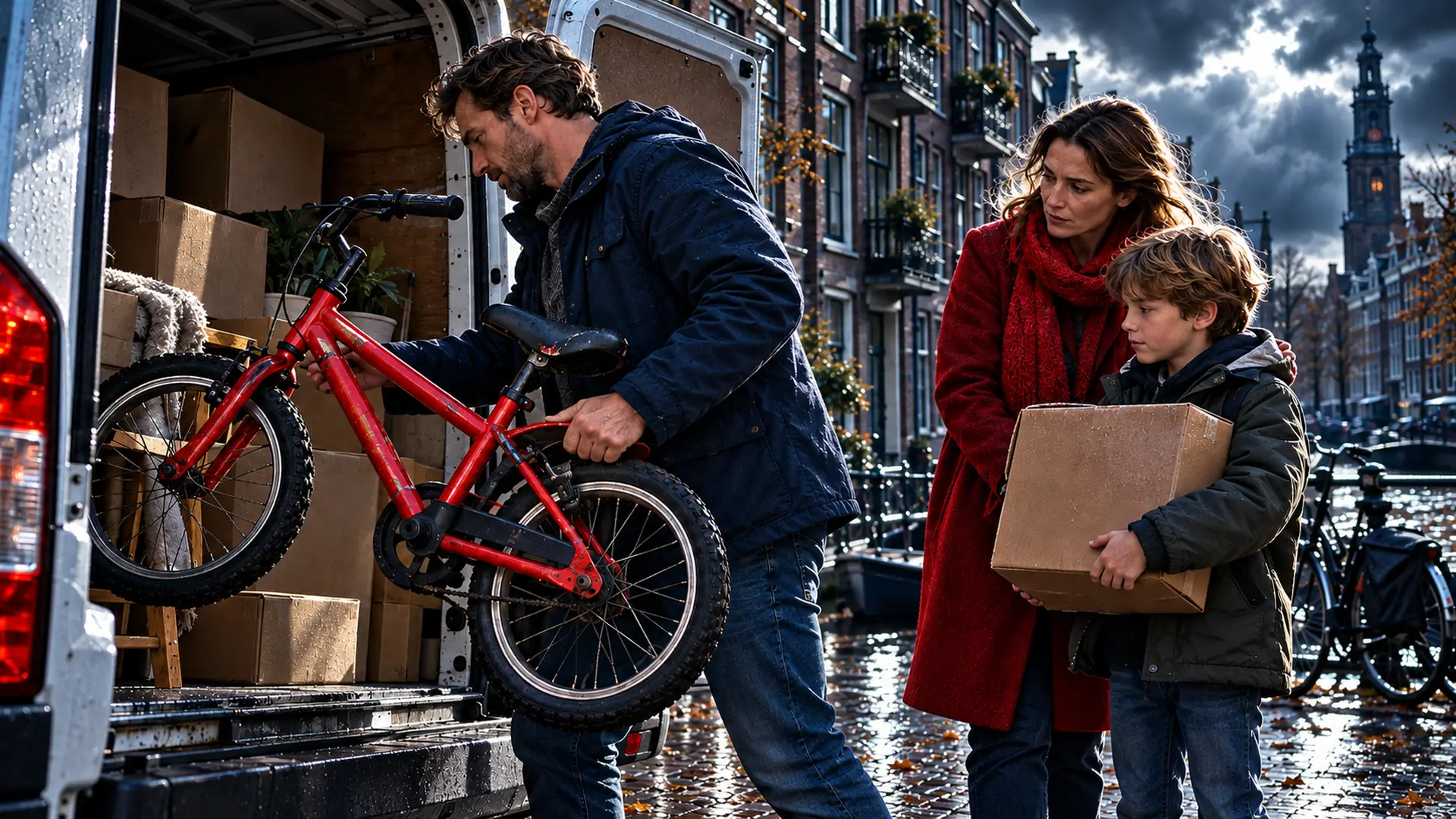 Een vader laadt een kinderfiets in een verhuisbus in Amsterdam, terwijl moeder en kind met een verhuisdoos wachten.