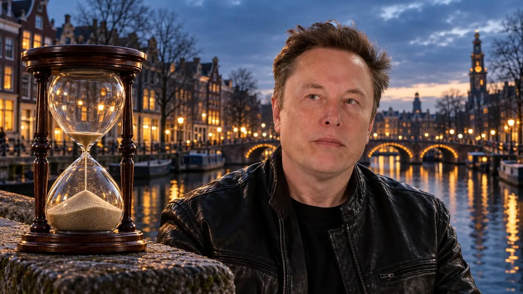 Symbolische illustratie van Elon Musk bij een Amsterdamse gracht in de schemering, met een bijna doorgelopen zandloper op de brugleuning.