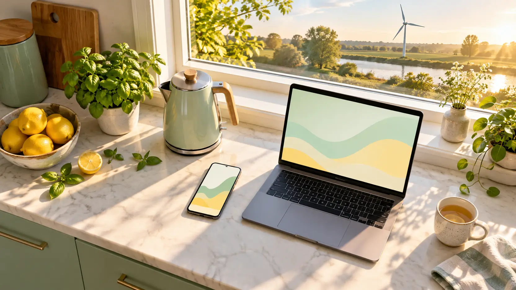 Keukenaanrecht in de ochtend met smartphone, waterkoker en open laptop, met zonlicht door het raam en een windmolen in de verte