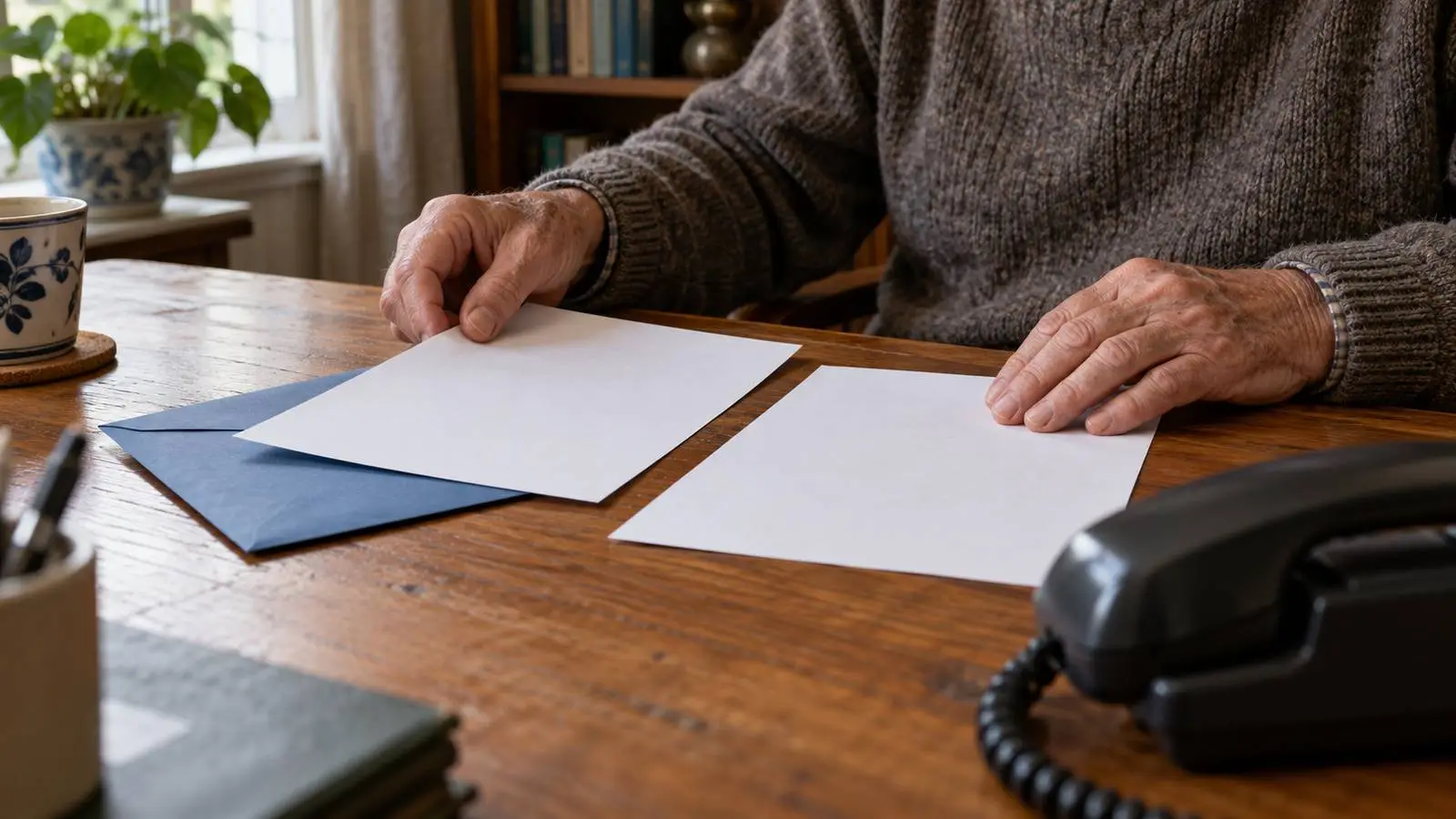 Handen van een oudere man leggen twee papieren naast elkaar op een bureau met een blauwe envelop en een vaste telefoon.