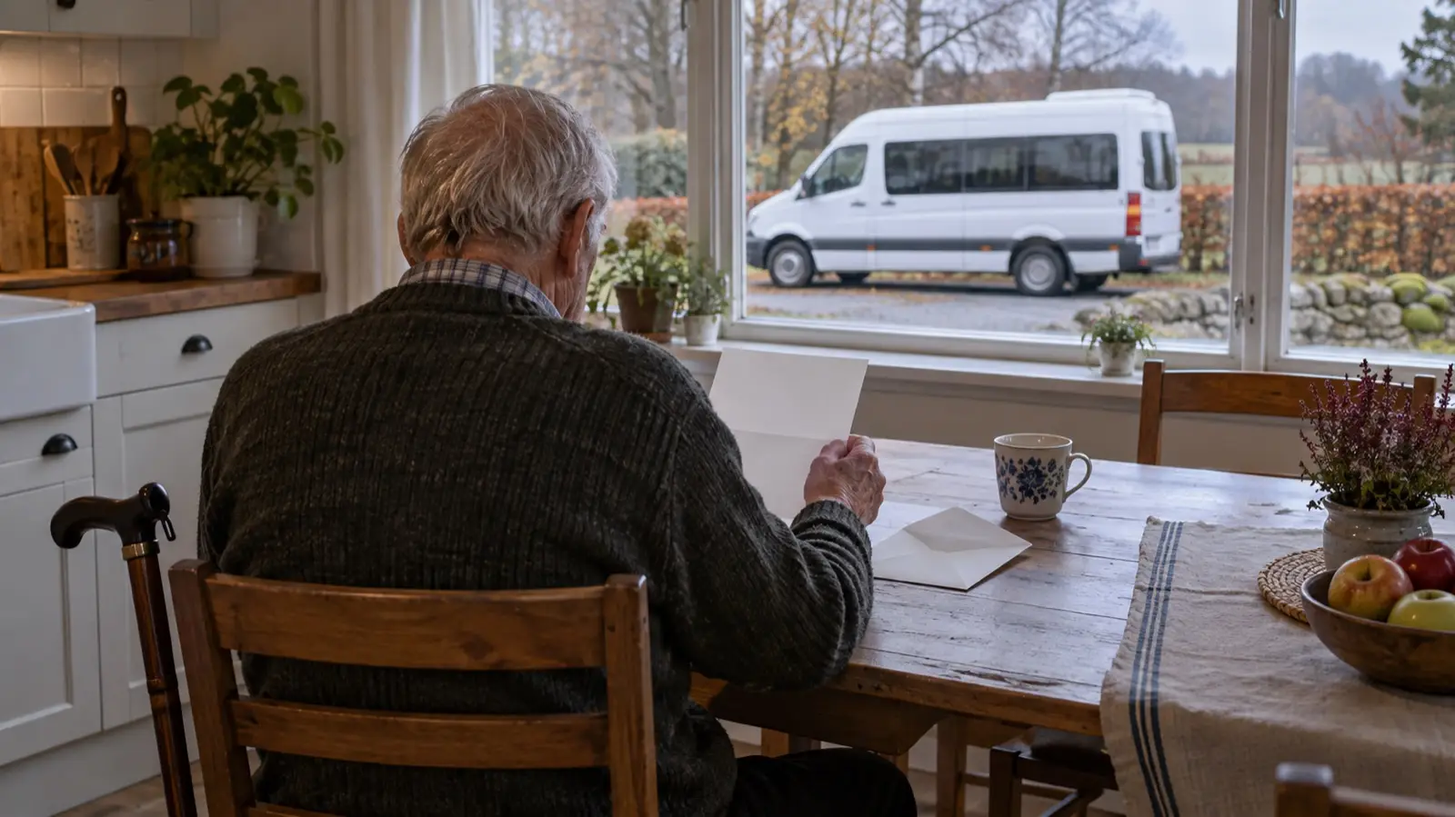 Oudere man van achteren aan een keukentafel met een geopende brief en een wandelstok, voor het raam een wit busje