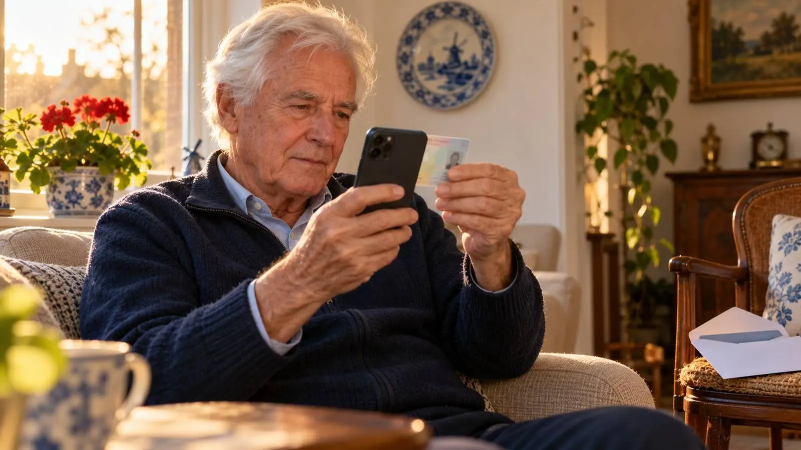 Oudere man houdt zijn identiteitskaart tegen zijn telefoon in een lichte woonkamer met een Delfts blauw bord