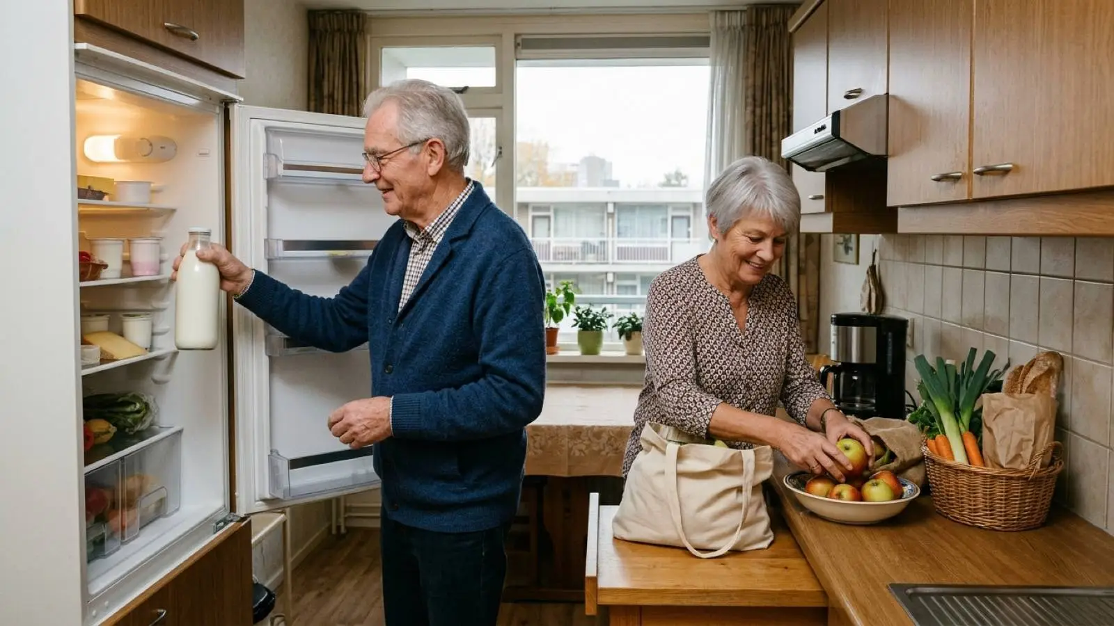 Oudere man zet een fles melk in de koelkast terwijl een vrouw appels in een schaal legt in een Nederlandse keuken.