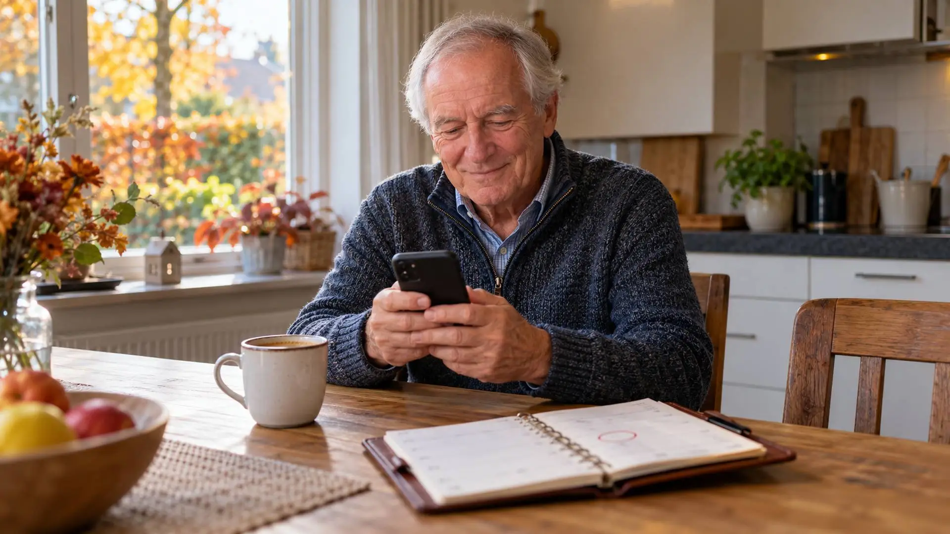 Oudere man aan de keukentafel kijkt op zijn telefoon, naast een agenda met een omcirkelde datum.