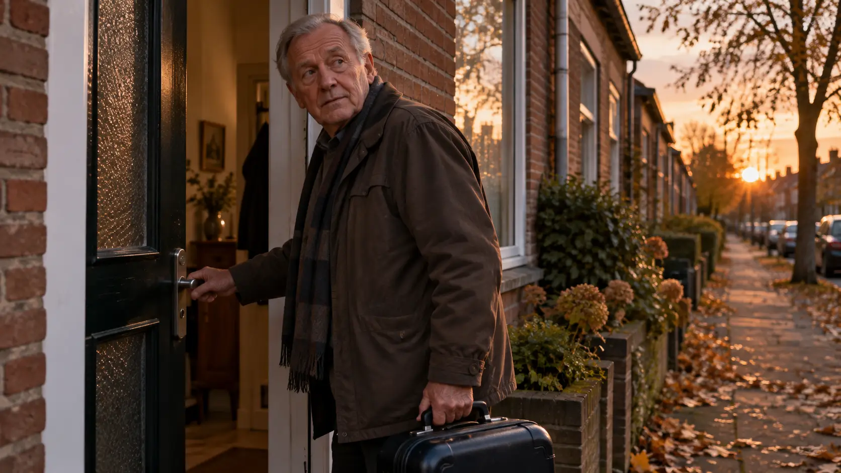 Oudere man sluit de voordeur van zijn huis af met een reiskoffer naast zich, op weg om te overwinteren